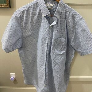 Men's Blue Patterned button up short sleeve Shirt
